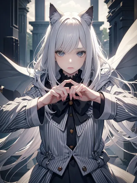 1 girl, Emerge from the swirling shadows. Stand in the Cemetery of Forgotten Souls. (Light grey and light white striped hair:1.3,), Perfect face, Proper body proportion, masterpiece, Super high-quality, 超A high resolution, Intricate details, Very delicate ...