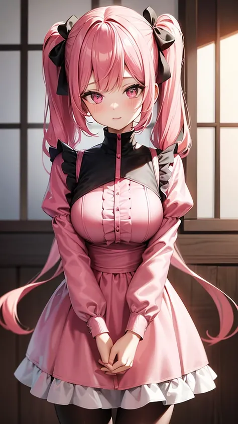 (Highest quality,High resolution,Very detailed,girl)black tights,Pink Hair,Twin tails,Height: 160cm,cute,Pink Eyes,Wearing a pink dress,Big Breasts,Her eyes are white and shining,Has bright white eyes,You seem very shy,