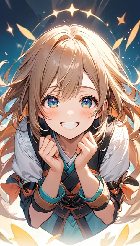 Cute pose girl, Smiling expression, Gazing Eyes, Happy expression, trust, Put your hands behind your back: Mouth slightly open,Character portrait　 Fantasy review