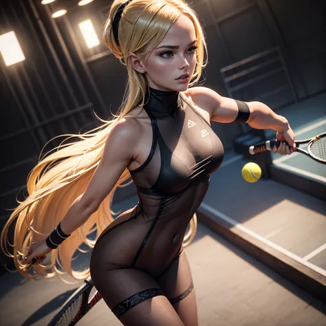 A blond girl in a black bodystocking, playing tennis on a tennis court, detailed facial features, high quality, realistic, photorealistic, 8k, masterpiece, intricate details, dynamic pose, dramatic lighting, vibrant colors, cinematic atmosphere