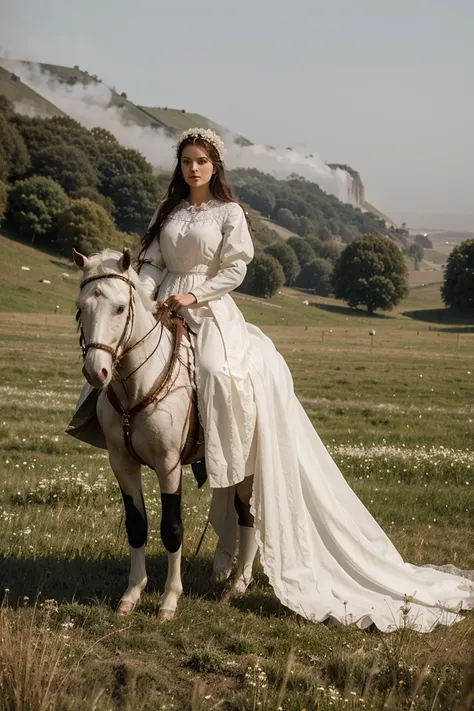 Woman in open meadow, wearing medieval dress, head to head with beautiful white stallion, mist and fog