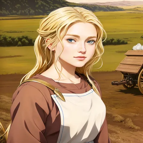 Realistic cute girl with slightly wavy blonde hair and blue eyes standing in front of a cart, ultra realistic, visual of a real young woman, vinland saga, official art, visual of a pretty girl, Game of Thrones female character, official art del personaje, ...