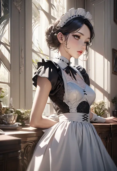 a beautiful young british maid in a tight, form-fitting maid uniform, highly detailed facial features, beautiful eyes, nose, and lips, long eyelashes, detailed hair, intricate maid dress with frills and lace, standing in a room interior, high quality, phot...