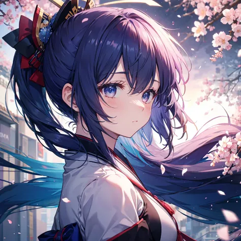 One woman((Calm expression,concentrated)) background((burn,blue)),Have,knife,Reflection of light Ponytail,白い髪 blue目,Super Shiny Japanese Style,Anime The Wind Blows,Cherry blossom petals,Ahead ((profile,Extreme close-up)) Katame Samurai,Street Killer Light ...