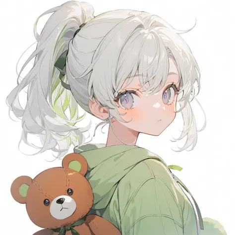 girl, white hair, ponytail hair, light green mesh hair,black and gray eyes, light green hoodie, bear stuffed toy, white background