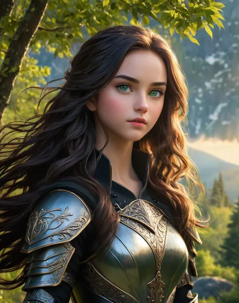 Create the image of a stunning daughter of severus snape, 11 years old with long, straight hair and wearing imposing armor. She is depicted in a majestic pose, black her wavy hair falling gently over her shoulders. Her armor is a work of art, with intricat...