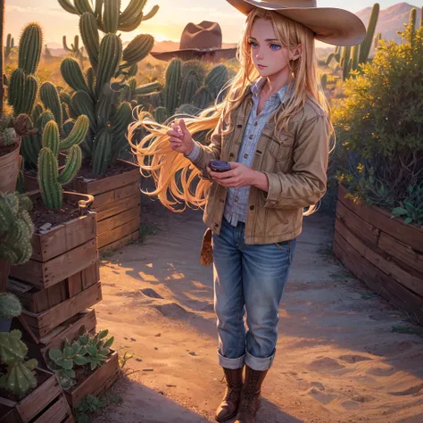 a blond boy wearing a cowboy hat, cowboy boots, jeans, plaid shirt, desert landscape, cactus, setting sun, realistic, highly detailed, (best quality,4k,8k,highres,masterpiece:1.2),ultra-detailed,(realistic,photorealistic,photo-realistic:1.37),dramatic ligh...