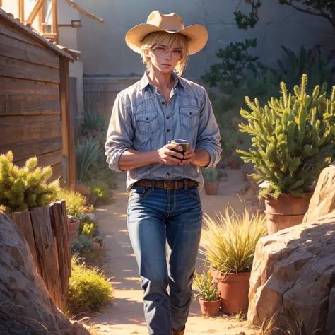 a blond boy wearing a cowboy hat, cowboy boots, jeans, plaid shirt, desert landscape, cactus, setting sun, realistic, highly detailed, (best quality,4k,8k,highres,masterpiece:1.2),ultra-detailed,(realistic,photorealistic,photo-realistic:1.37),dramatic ligh...