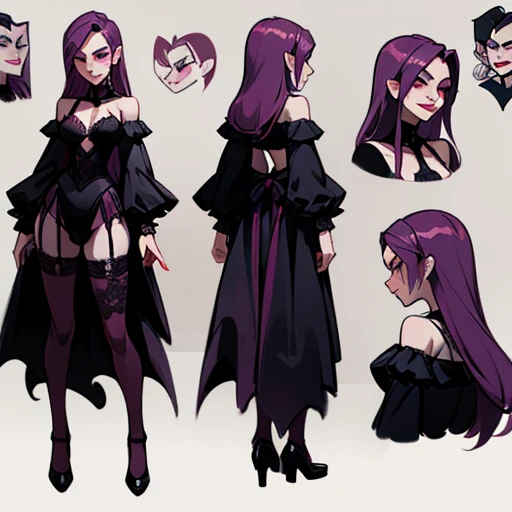 erotic pink and black lingerie  design inspired by Drácula (Vampire ) With long hair , in various views (front and back)  ((Character sheet)) 