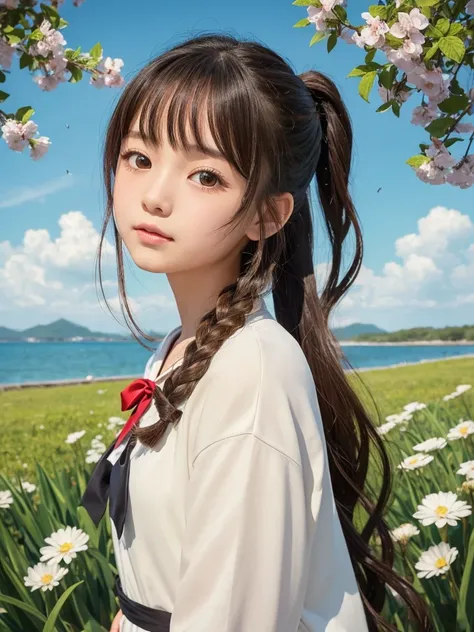 Anime illustration、high quality、masterpiece、Cute 13 year old girl１people、日本people、Long hair light brown、Ponytail、20 percent curl、Ribbon tying、The eyes are large and brown, with slightly shining stars.、Eyelashes are long and black、The clothes are summer sai...