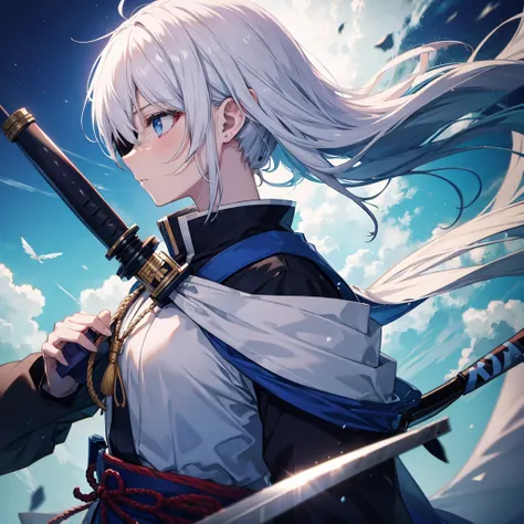 One woman((Calm expression,concentrated)) background((burn,blue)),Hold the sword,Parallel to the ground White hair,ショートボブ blue目,Super Shiny Japanese Style,Anime The Wind Blows,Ahead ((profile,Extreme close-up)) Eye patch,Katame Samurai