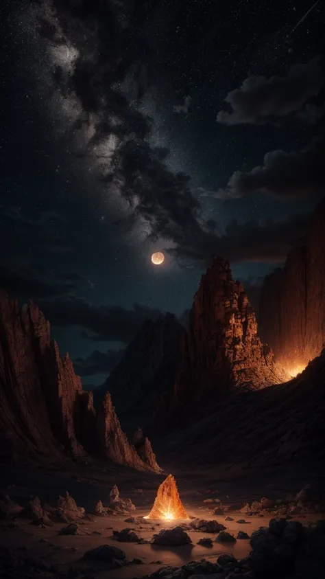  A breathtakingly hyper-realistic scene depicting a "moon nursery" where multiple moons of varying sizes emerge from fissures in a rugged, lava-filled landscape. The moons are distinct, each with its unique texture and luminescence, ranging from small, del...