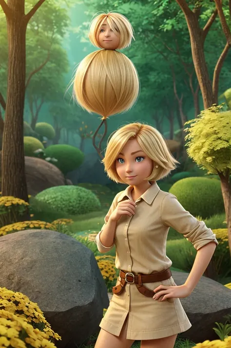 Create a short-haired woman character with blonde locks in the style of the Lorax movie