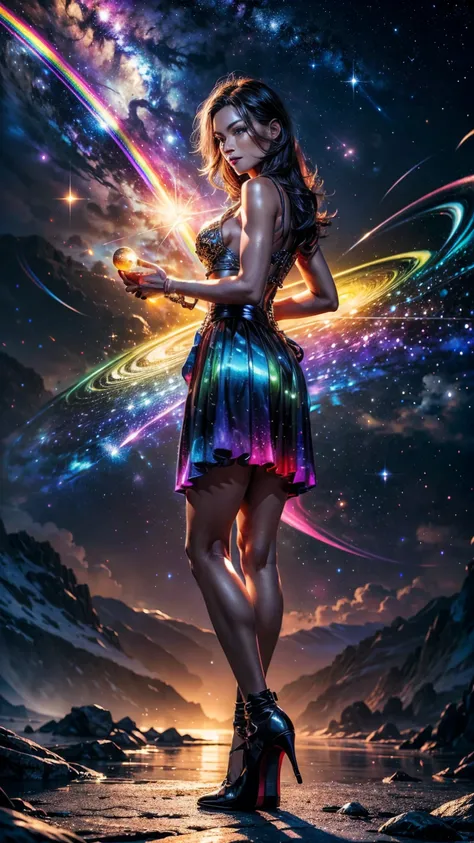 An ultra-realistic and ultra-detailed (Legendary Multicolored Psychedelic Masterpiece), ((HOLDING A GORGEOUS COLORFUL RAINBOWLUMINESCENT GALAXY IN HER HANDS)), ((full body portrait)), (Dynamic Angle), best quality, (Angled View), 1girl, She is a Gorgeous M...