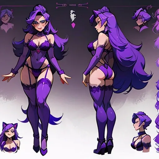 Furry girl in erotic purple lingerie  design inspired by Werewolf (lycanthrope) With long hair , in various views (front and back)  ((Character sheet)) 