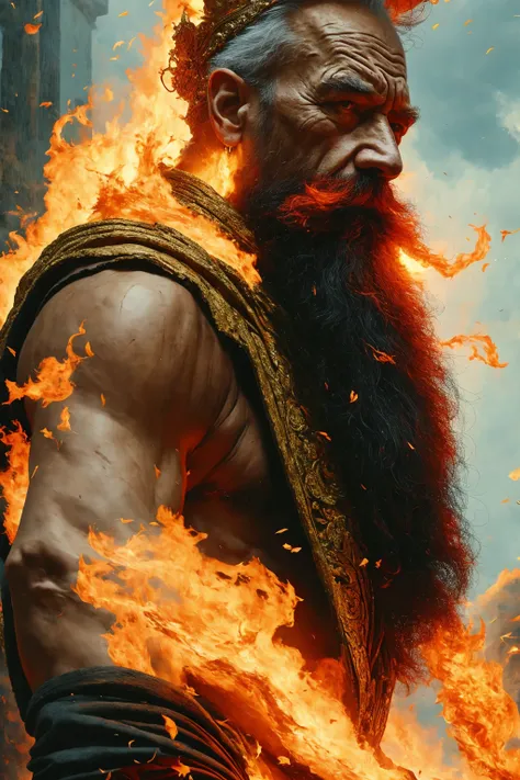 the god of fire, old man, (best quality, high resolution, extreme detail, outstanding composition, masterpiece:1.4)