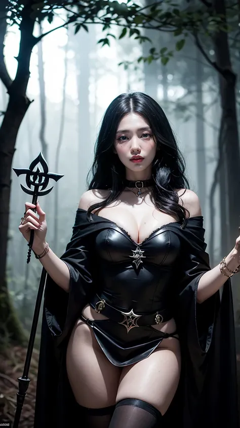 Create an image of LeBlanc in her Coven skin from League of Legends by Riot Games, adorned in a dark, witch-themed outfit with mystical symbols and a glowing staff, have massive k-cups, in a shadowy, moonlit forest with eerie lights and floating candles.