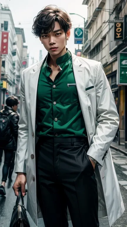 solo , 1man , thai man , white jacket , green shirt with collar , black Long pants , happy