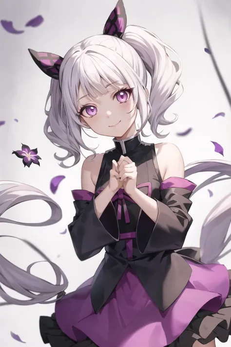 kimetsu no yaiba style,1girl, solo, looking at viewer, white hair, purple eyes, blurry background, blurry, 2 bottom ponytails, upper body, dress, flower, bare shoulders, smile, lipstick, closed mouth,  anime coloring,  ((masterpiece)) 