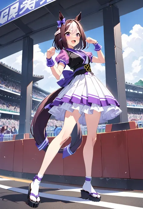 masterpiece、highest quality、special week\(umamusume\)、tail、idol pose、japanese style gothic dress、race track、golden ratio