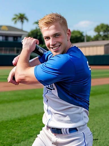 a happy smile,focus on the characters,a handsome young and fashionable guy,blond hair, blue eyes,skin-tight baseball shirt,(chibi:0.5),play baseball on the baseball field,swing,