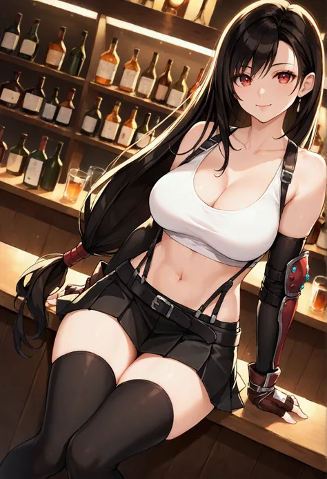 (score_9, score_8_up, score_7_up), BREAK  (masterpeace),(best quality),(aesthetic,very aesthetic),(highly detailed),.1girl, tifa lockhart, final fantasy,(beautiful). black hair, low-tied long hair, red eyes, bangs, white tank top,gap, belt, pleated skirt, ...