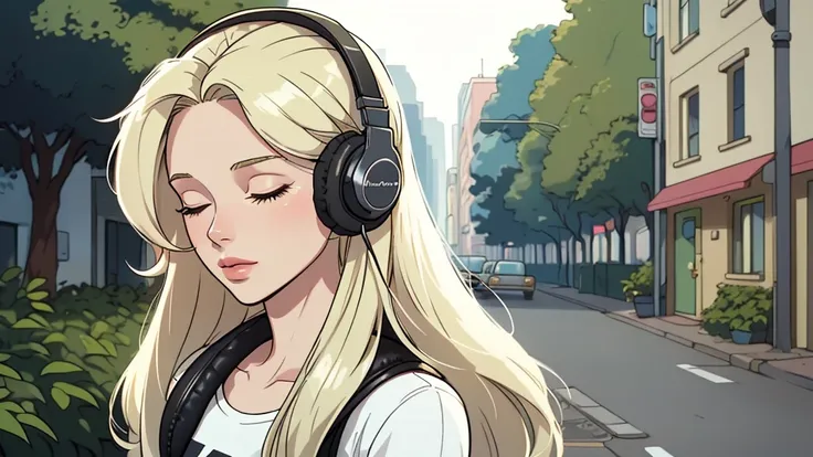 Street fashion girl,  headphones, LOFI Retro, stylish, 1980s, nature, morning, beautiful blonde long hair woman in her 20s, close your eyes, white skin, upper body, 