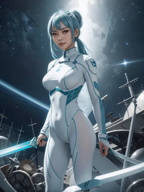 4k,hight resolution,one asian woman, light blue hair,poneytail.green eyes,colossal ,white cybersuit,bodysuits, (holding longswor...