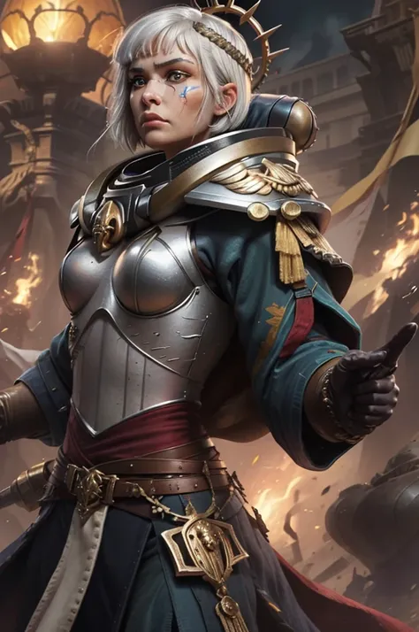 Photo of adepta sororitas, argent shroud, full armor, full metal armor, wearing intricate ornamented metal armor, stern face, bob cut, short hair, white hair,
solo, (female:1.2), epic,  platinum white armor, white pelvic curtain, bronze trimmings,  blue pu...