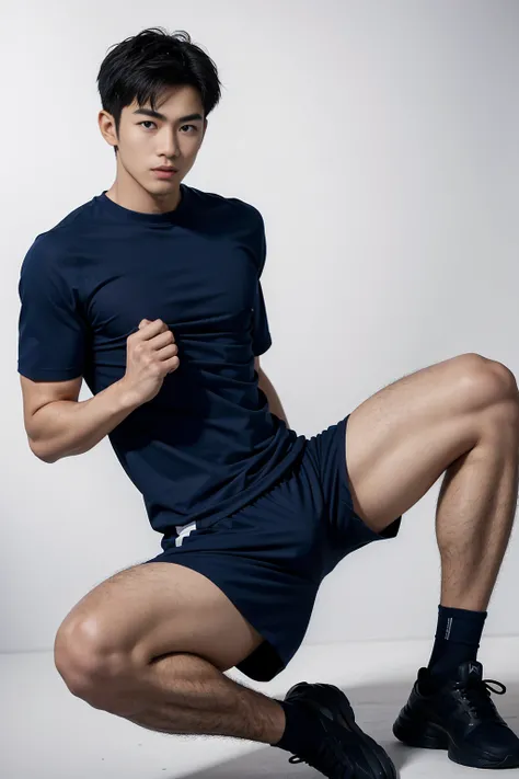 1 Handsome  naked Japanese guy ，Sexy pose, A 20 year-old man wearing a Naked chest shirt and Excellent shorts stands against a white background, navy blue, navy blue, Sports T-shirts, blue, Excellent Sportswear, Gorgeous sexy clothes, Sportswear, Short sle...