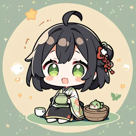 a girl in a kimono sits upright、offer green tea、chibi character、ahoge、black hair、