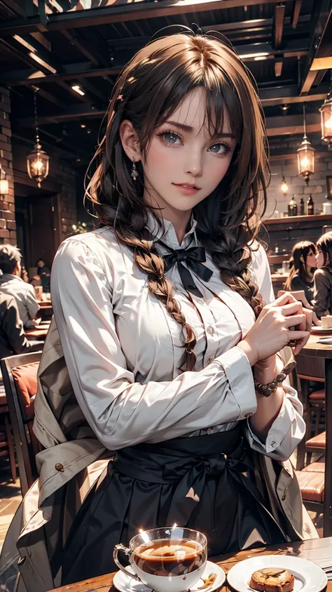 Fantasy Background, Cafe RPG Style, Empty chair, table, Tea Glass Set、24-year-old woman、Multi braid((multiple braids))、Silver Hair、Sexy proportions、Narrow waist