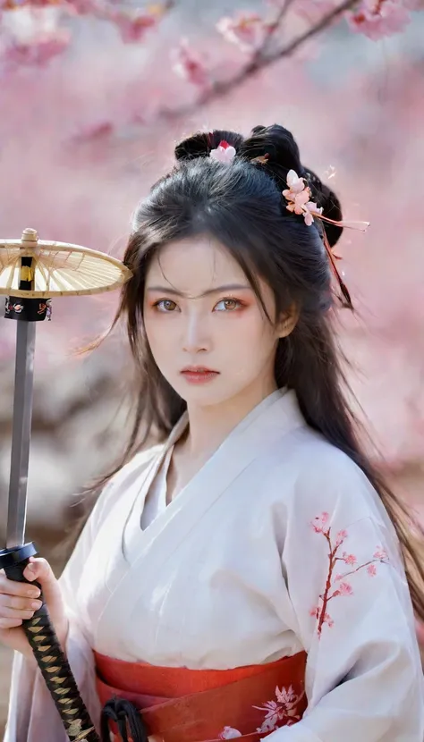 Beautiful female samurai、A scene depicted in exquisite 8K resolution。She is wearing traditional Japanese samurai armor.、The armor is intricately crafted。A magnificent battlefield spreads in the background、Burning fire and smoke、The sound of swords crossing...