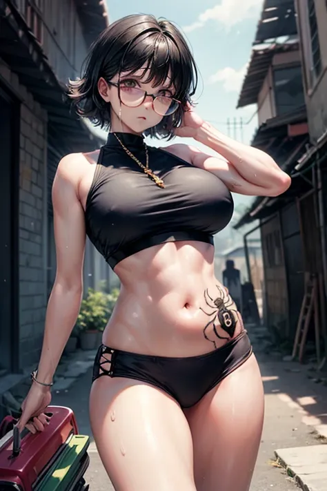 masterpiece, Highest quality,  Unreal Engine,  Super Resolution,  Very detailed, 

Beautiful woman, Spider tattoo on stomach!*, belly button, Garment Lift, Lift your shirt, Glasses, Black Hair, Rosary, Vivid expression, Healthy Body, Beautifully detailed s...