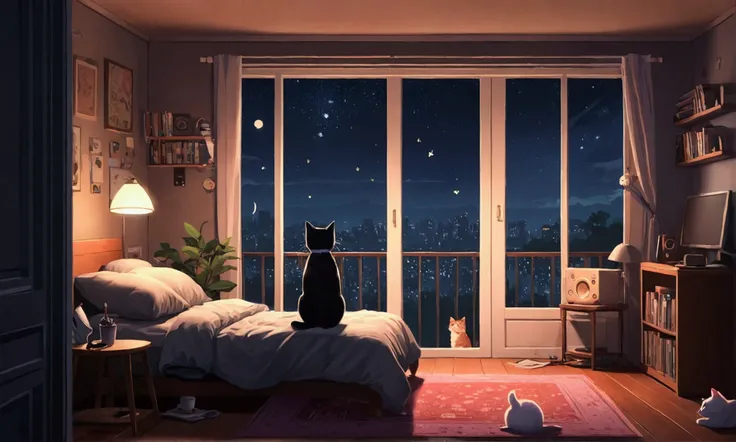 night、Girl listening to music in a cozy room, Headphonesの使用, 2D-style animation, Lo-Fi, hard disk, For dark environments、Super cute cat、To be able to erase the background, Cute girl and cat together、Headphones、relax、