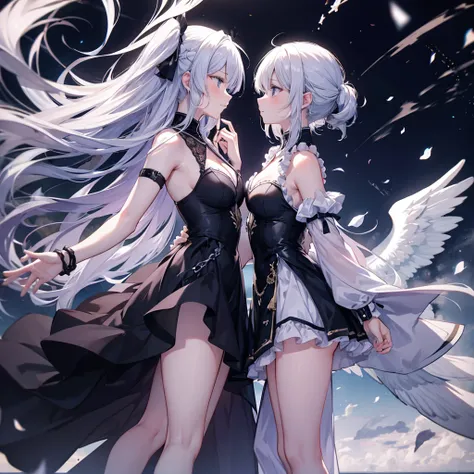 Two Women,Archangel((Facing each other,Put your hands together)) background((centerparted,Black and White,1：1)) Parallel worlds,絶望と幸せ アニメ風 Archangel,Fallen Angels Contrasting Each Other