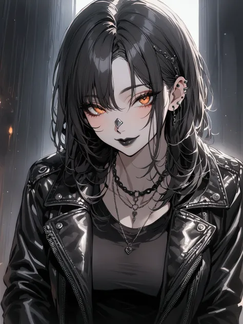 ((masterpiece)), ((best quality)), (from front:1.39), (half-body shot:1.3), 1girl, solo, goth, black hair, orange eyes, black lips, smiling, leather jacket, black t-shirt, silver nose ring, black ear piercings