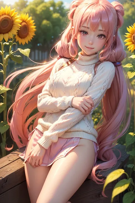 ((best quality, ultra-detailed, high resolution, extremely detailed CG, super detailed, direct light, Most beautiful clean lighting)), 1 girl, beautiful girl, cute girl and idol face, young face, smile, Beautiful long pink hair, twintails, Beautiful shinin...