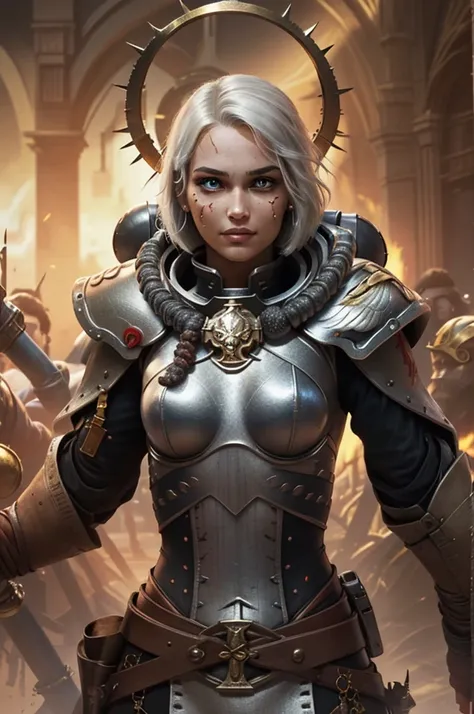 Photo of adepta sororitas, argent shroud, full armor, full metal armor, Christina Chong beautiful face, narrowed eyes. smirk. black braided hair with narrowed eyes, wearing intricate ornamented metal armor, stern face, bob cut, short hair, white hair, solo...