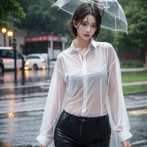 exy pose、Hair getting wet in the rain、Mr.々Hair style、Short Hair、Transparent shirt、Beautiful woman getting wet in the rain、typhoon、Get wet without an umbrella、Beautiful woman in the rain、雨で濡れたBeautyOL、Detailed face、Realistic、beautiful girl、Beauty、Office Lad...