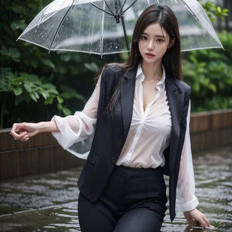 mini skirt、Leg spread、Hair getting wet in the rain、Transparent shirt、Beautiful woman getting wet in the rain、typhoon、Get wet without an umbrella、Beautiful woman in the rain、雨で濡れたBeautyOL、Detailed face、Realistic、beautiful girl、Beauty、Office Lady Uniform、bea...