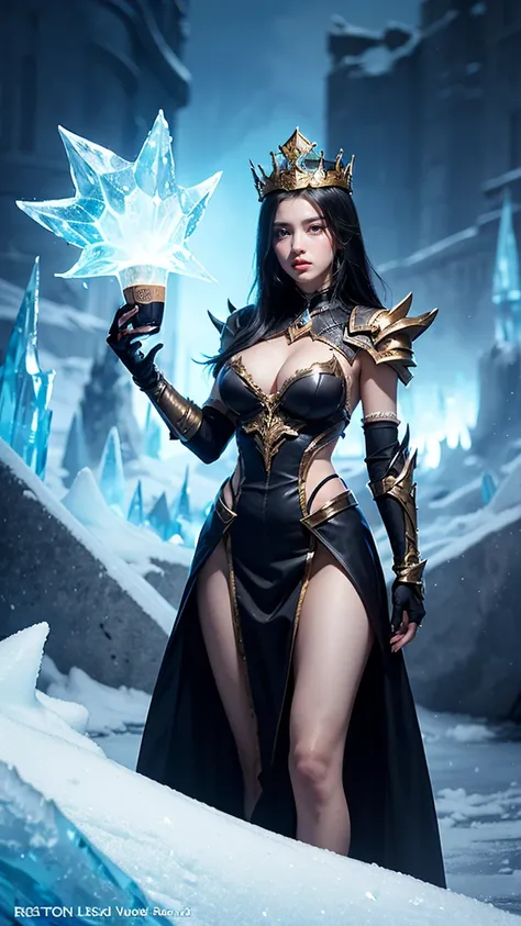 "Create an image of Lissandra in her Classic skin from League of Legends by Riot Games, wearing her dark, ice-themed armor with a spiked crown, have massive k-cups, standing in a frozen, icy fortress with jagged ice formations and a chilling atmosphere."

