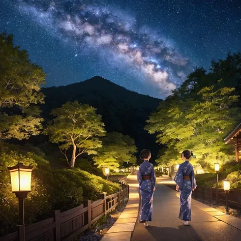 Landscape Photography、wallpaper、Starry Sky、Meteor-like path、Yukata Girls、