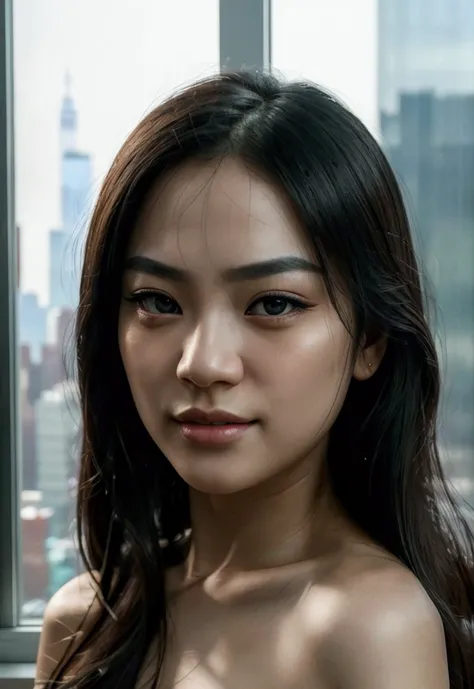 1girl, asian girl, detailed eyes, detailed lips, beautiful detailed face, longeyelashes, long dark hair, indoor, cityscape, new york city, skyscraper, window, (best quality,4k,8k,highres,masterpiece:1.2),ultra-detailed,(realistic,photorealistic,photo-reali...