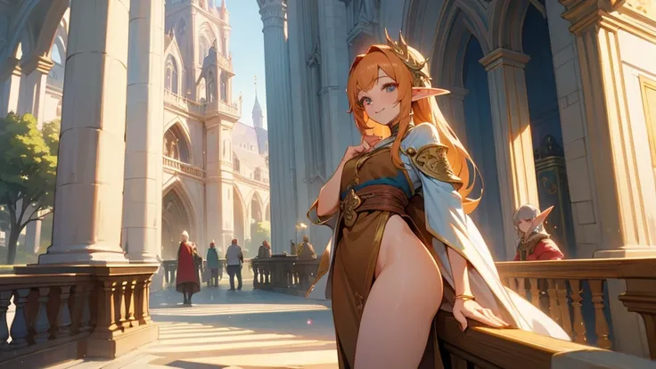 Anime Style,A detailed background with many people,Magical World,People on the balcony,Smiling Bard Elf,Mature Woman,Protruding buttocks