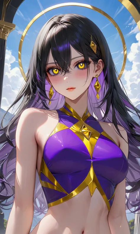 black hair, inner colored purple hair, black eyes, golden diamond-shaped pupils, slender and athletic built, masterpiece, super detail, best quality, 8k,semi-realistic