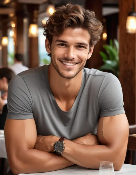 a beautiful Brazilian male model with stunning, (in a restaurant), ultra-realistic details, Smiling towards the camera, corporate photo, Medium shot photo, three quarters, crossed arms, beautiful appearance, Short Brown Messy Hair, clear honey eyes, Perfec...