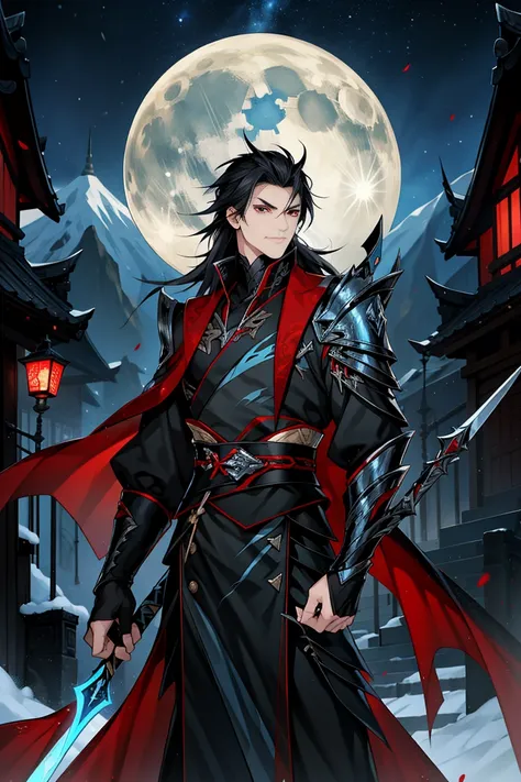 the impressive landscape of mahutori is visible in the background, vampire man, hanfu, black armor and spear handle, sword with ...