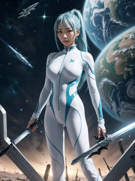 4k,hight resolution,one asian woman, light blue hair,poneytail.green eyes,colossal ,white cybersuit,bodysuits, (holding longswor...