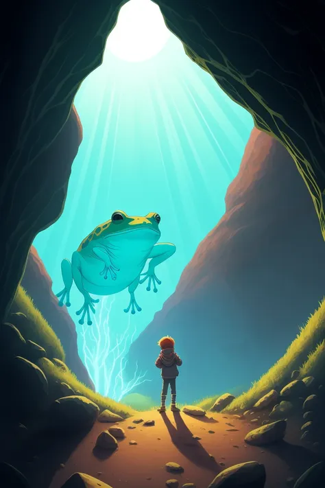 mindwarp , a child looking at a frog in a cave with a woman looking at it from the bottom of the cave, Diego Gisbert Llorens, josan gonzales and dan mumford, a storybook illustration, psychedelic art